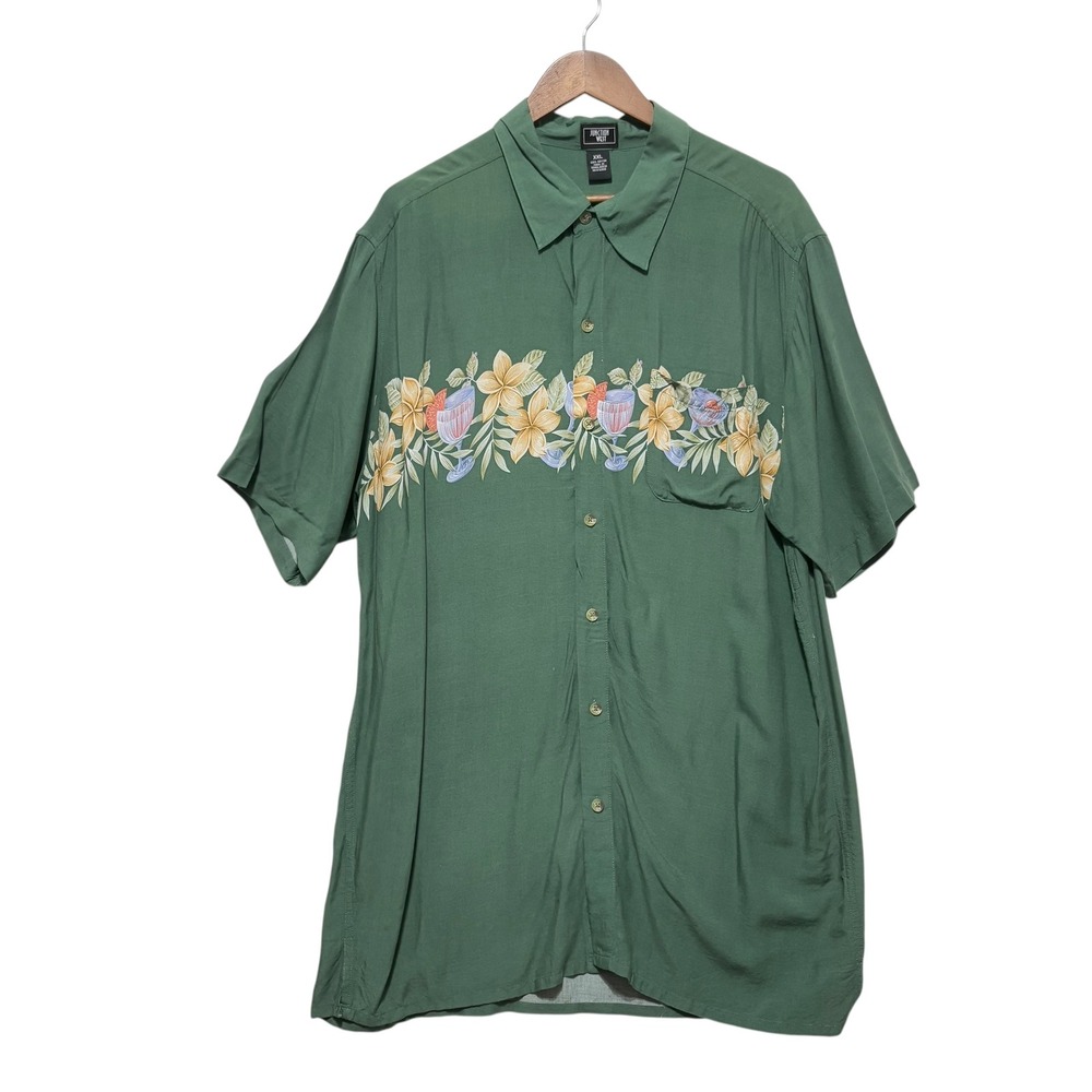 Junction West Mens Hawaiian Shirt‎ XXL Green Floral Tropical Resort Rayon Camp